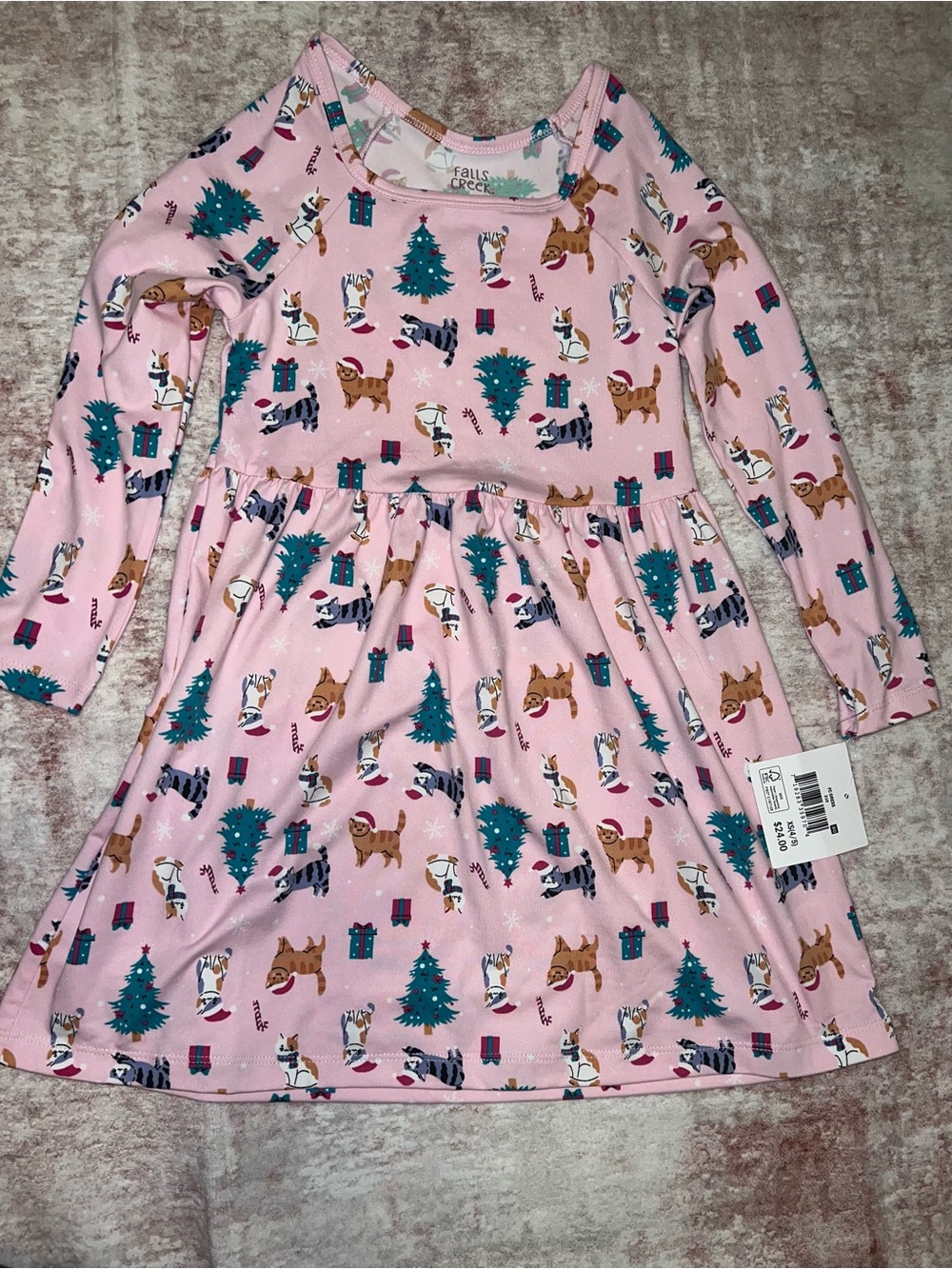 Girls Pink Holiday Dog and Cat Print Long-Sleeve Dress